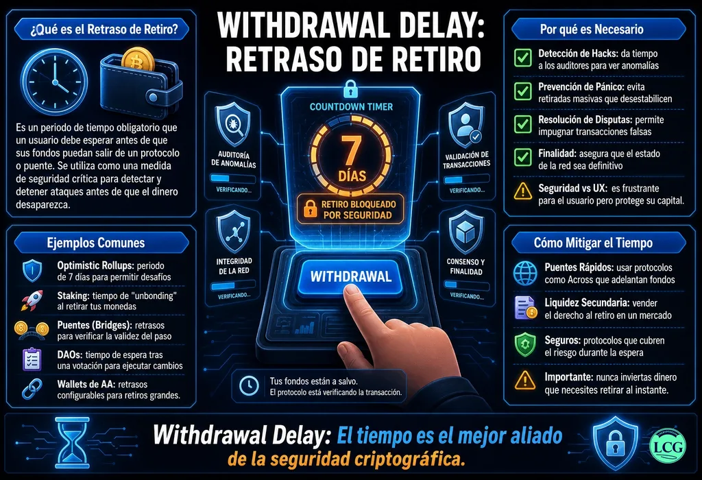 Infograf&iacute;a explicativa sobre Withdrawal Delay en blockchain y crypto