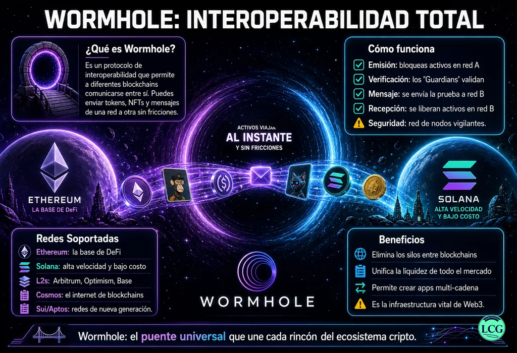 Infograf&iacute;a explicativa sobre Wormhole en blockchain y crypto