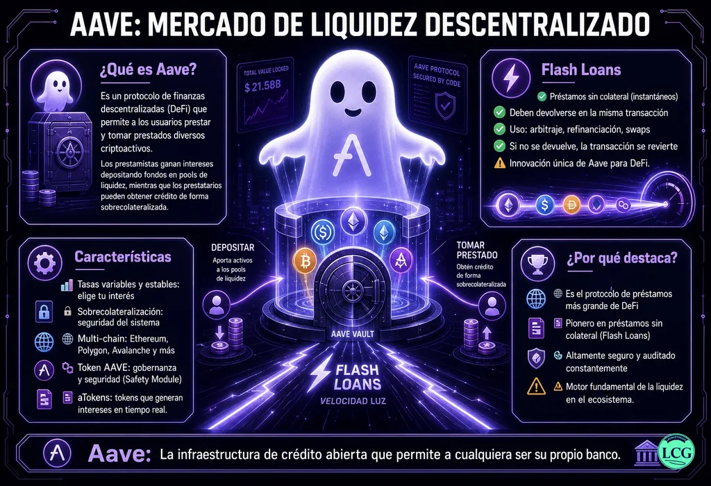 Infograf&iacute;a explicativa sobre Aave en blockchain y crypto