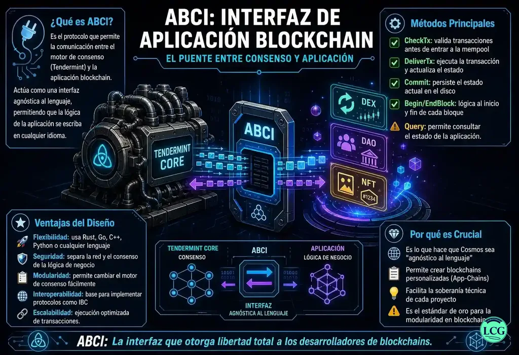 Infograf&iacute;a explicativa sobre Abci (Application Blockchain Interface) en blockchain y crypto