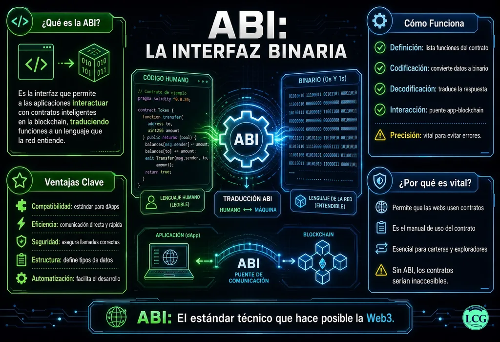 Infograf&iacute;a explicativa sobre Abi en blockchain y crypto