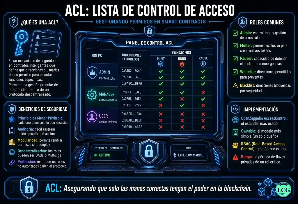 Infograf&iacute;a explicativa sobre Access Control List (Acl) en blockchain y crypto