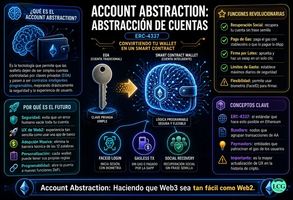 Infograf&iacute;a explicativa sobre Account Abstraction en blockchain y crypto