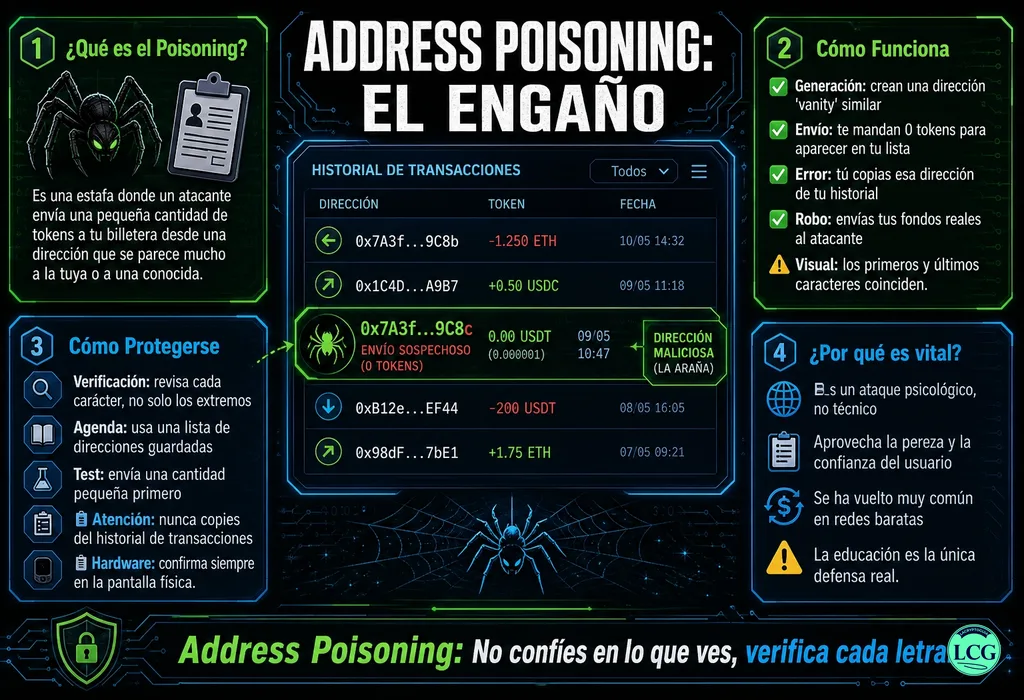 Infograf&iacute;a explicativa sobre Address Poisoning en blockchain y crypto