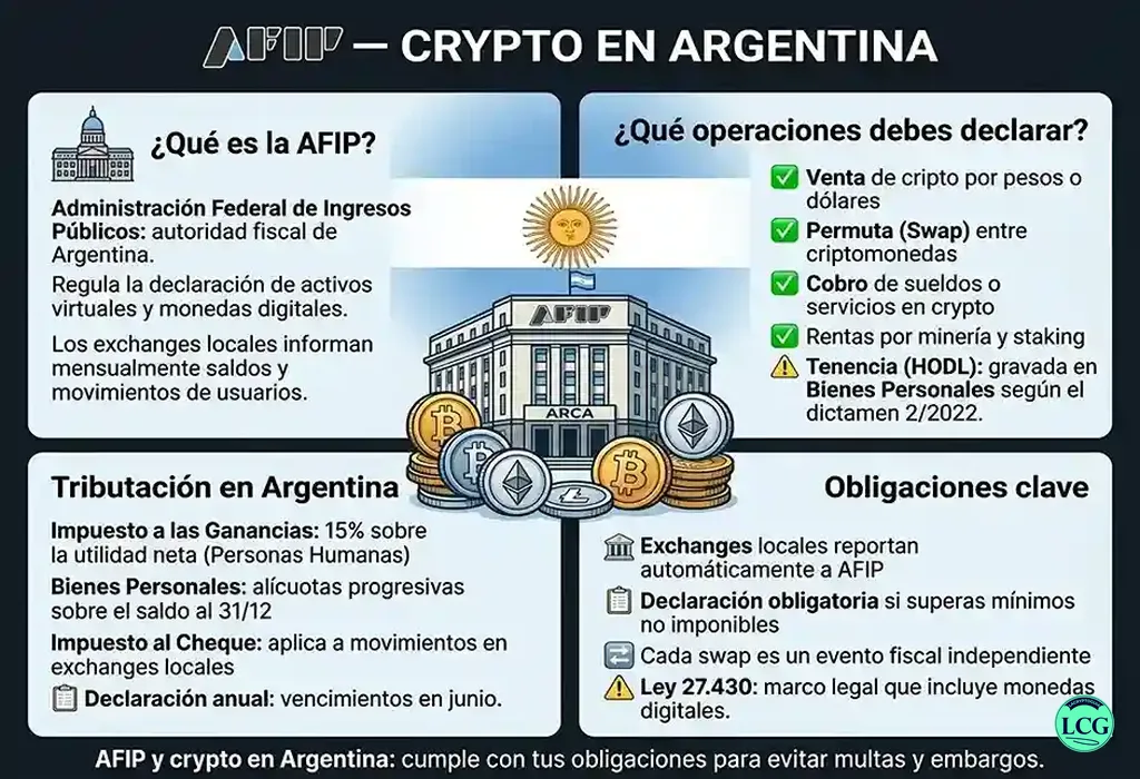 Infografía explicativa sobre Afip Arca en blockchain y crypto