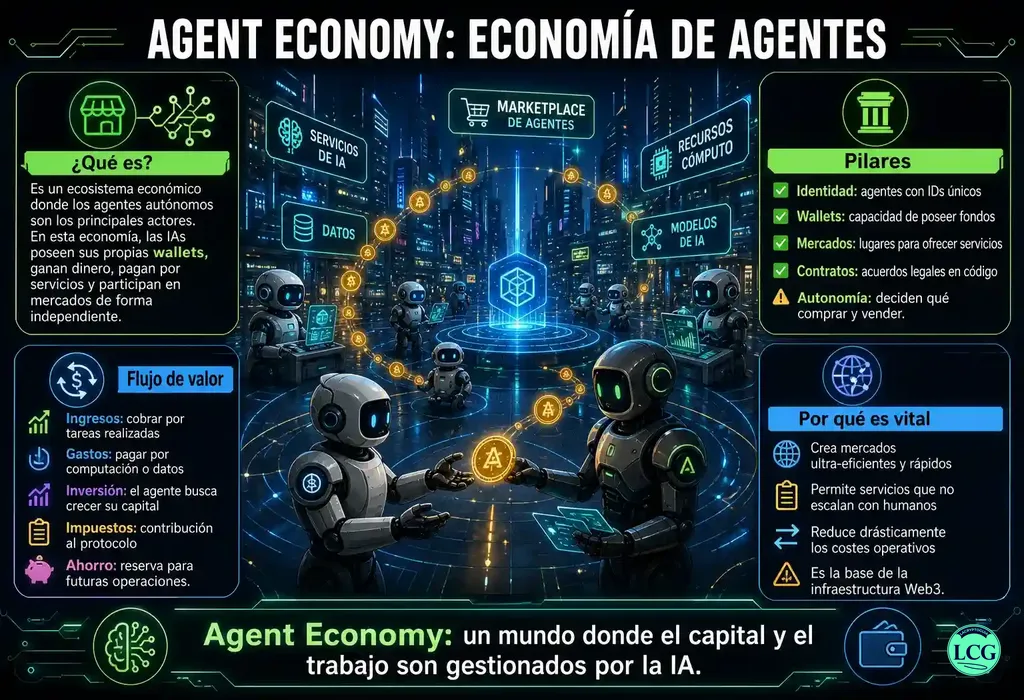 Infograf&iacute;a explicativa sobre Agent Economy en blockchain y crypto