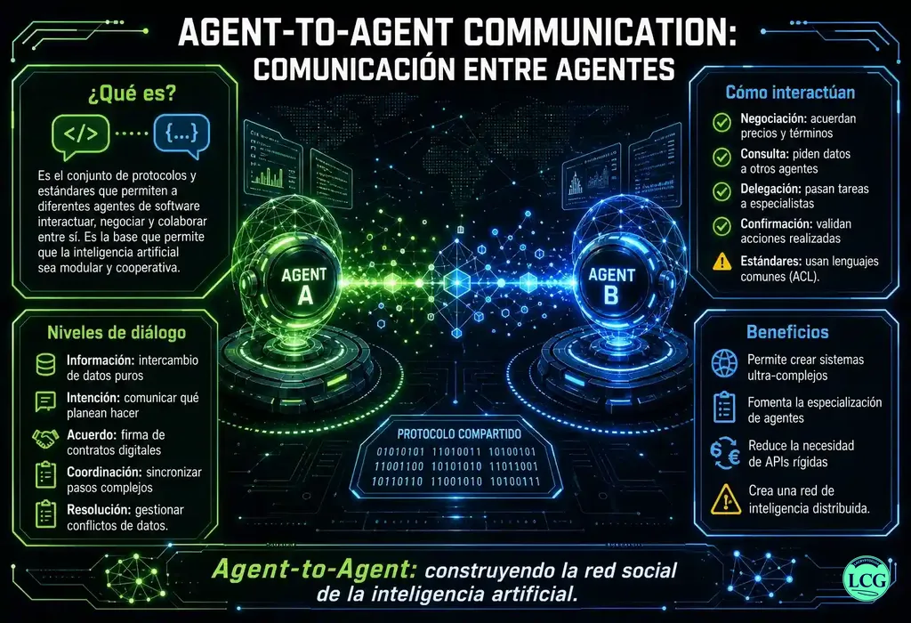 Infograf&iacute;a explicativa sobre Agent To Agent Communication en blockchain y crypto