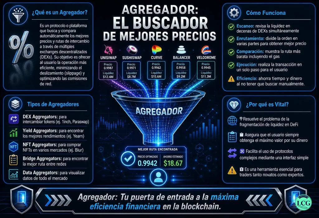 Infograf&iacute;a explicativa sobre Aggregator en blockchain y crypto