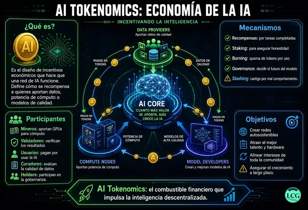 Infograf&iacute;a explicativa sobre Ai Token Economics en blockchain y crypto