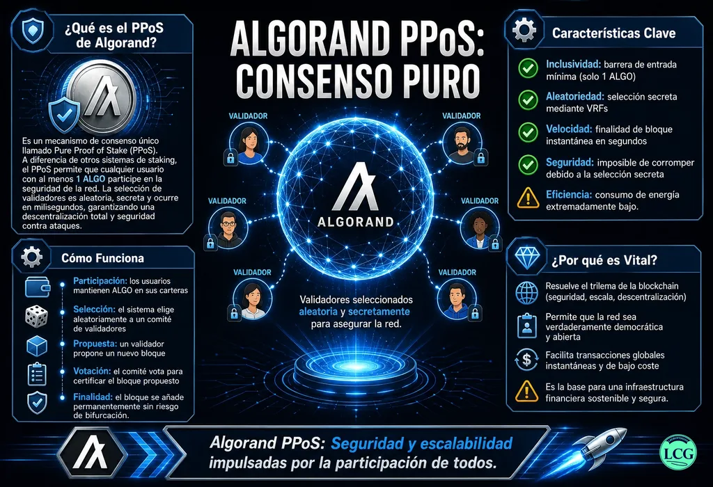 Infograf&iacute;a explicativa sobre Algorand Ppos en blockchain y crypto