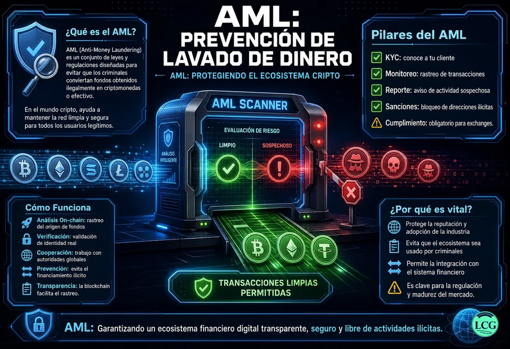 Infograf&iacute;a explicativa sobre Aml Anti Money Laundering en blockchain y crypto