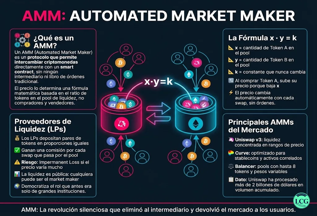 Infograf&iacute;a explicativa sobre Amm Automated Market Maker en blockchain y crypto