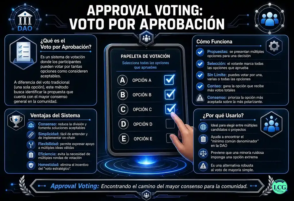 Infografía explicativa sobre Approval Voting en blockchain y crypto