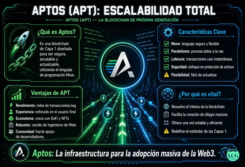 Infograf&iacute;a explicativa sobre Aptos Apt en blockchain y crypto