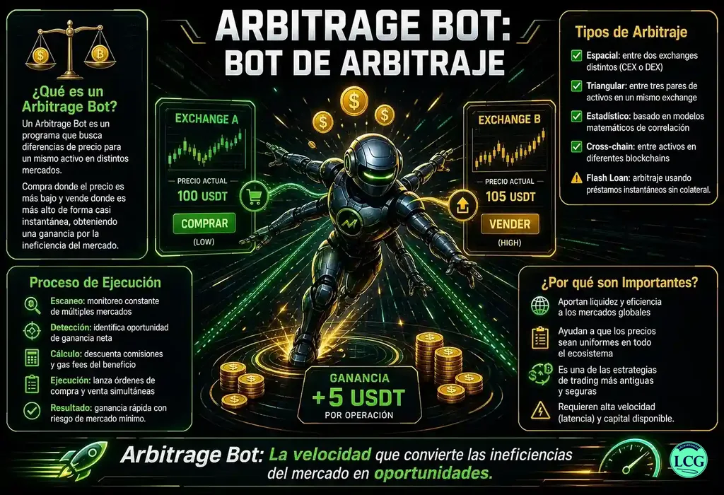 Infografía explicativa sobre Arbitrage Bot en blockchain y crypto