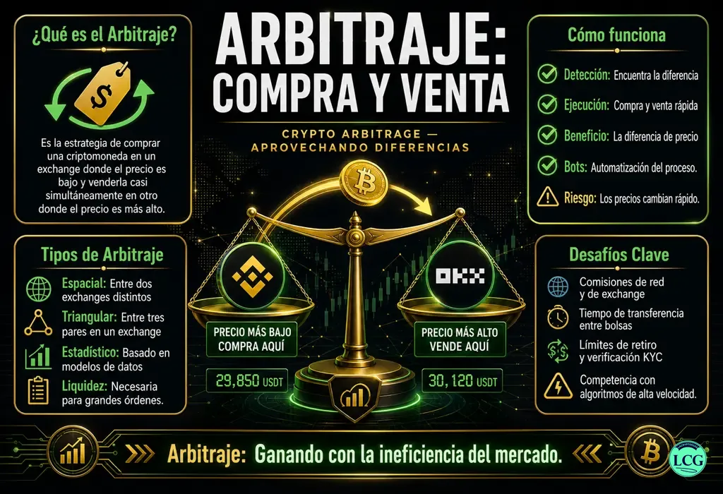 Infografía explicativa sobre Arbitrage en blockchain y crypto