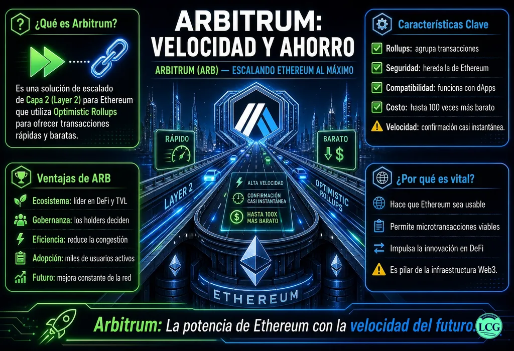 Infograf&iacute;a explicativa sobre Arbitrum Arb en blockchain y crypto