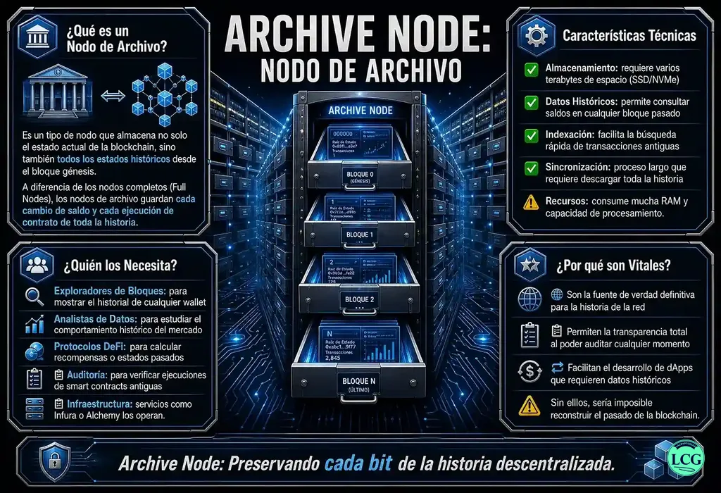 Infograf&iacute;a explicativa sobre Archive Node en blockchain y crypto