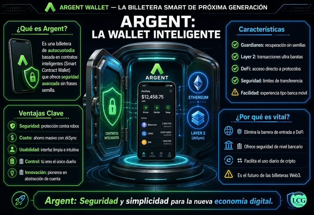 Infograf&iacute;a explicativa sobre Argent Wallet en blockchain y crypto