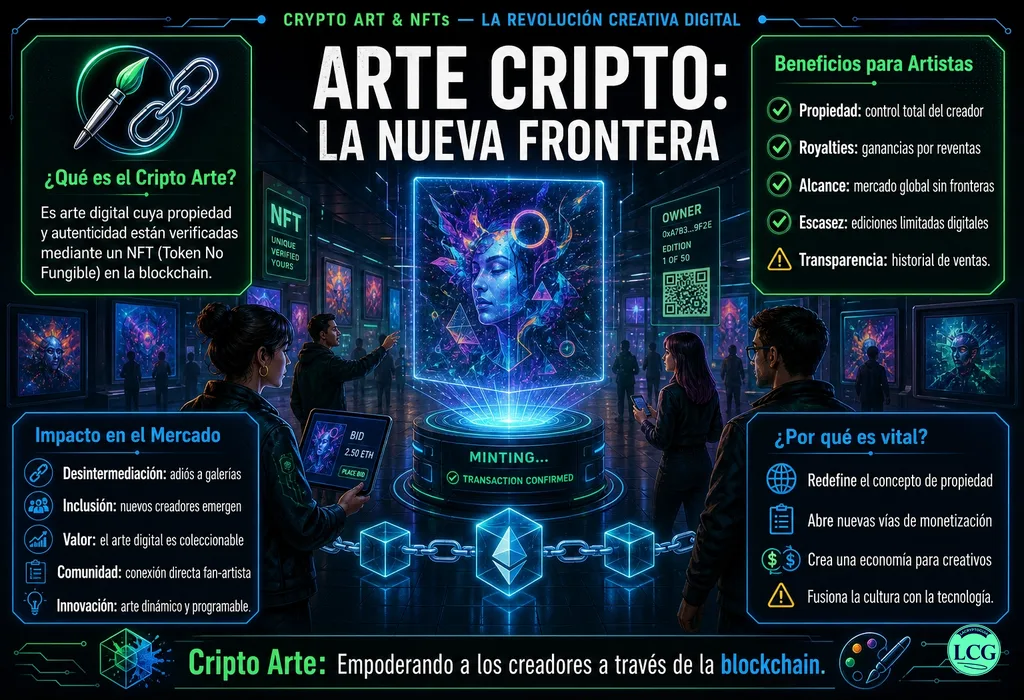 Infograf&iacute;a explicativa sobre Art en blockchain y crypto