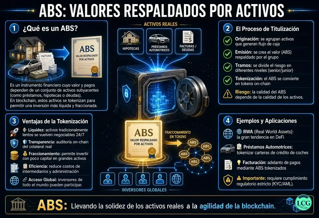 Infograf&iacute;a explicativa sobre Asset Backed Securities en blockchain y crypto