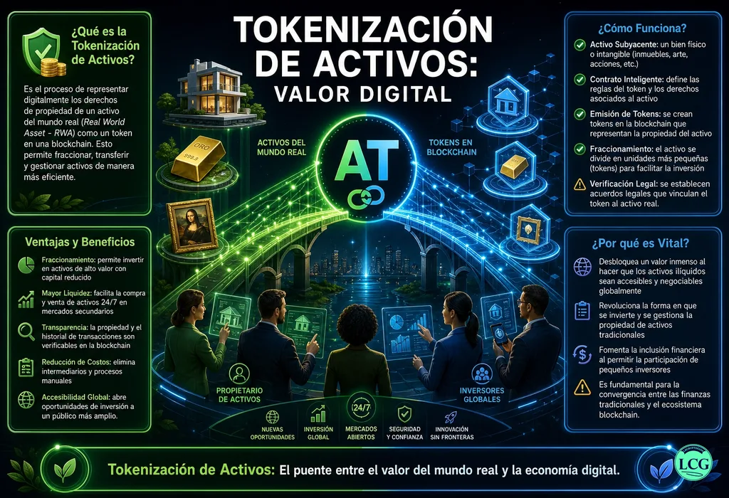 Infograf&iacute;a explicativa sobre Asset Tokenization en blockchain y crypto
