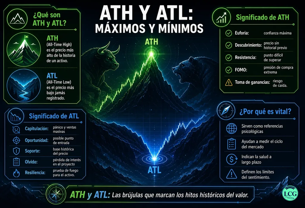 Infograf&iacute;a explicativa sobre Ath Atl en blockchain y crypto