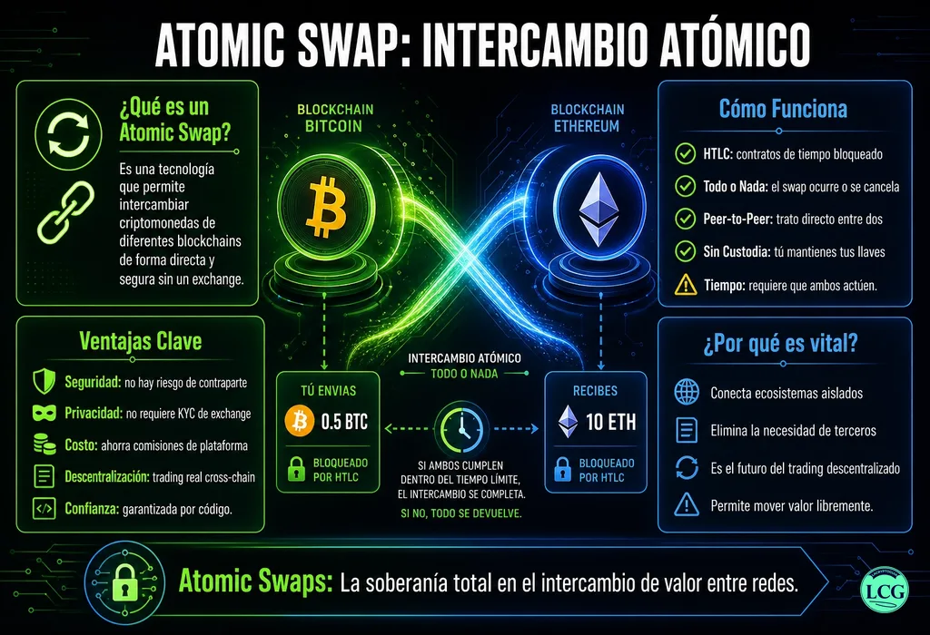 Infograf&iacute;a explicativa sobre Atomic Swap en blockchain y crypto