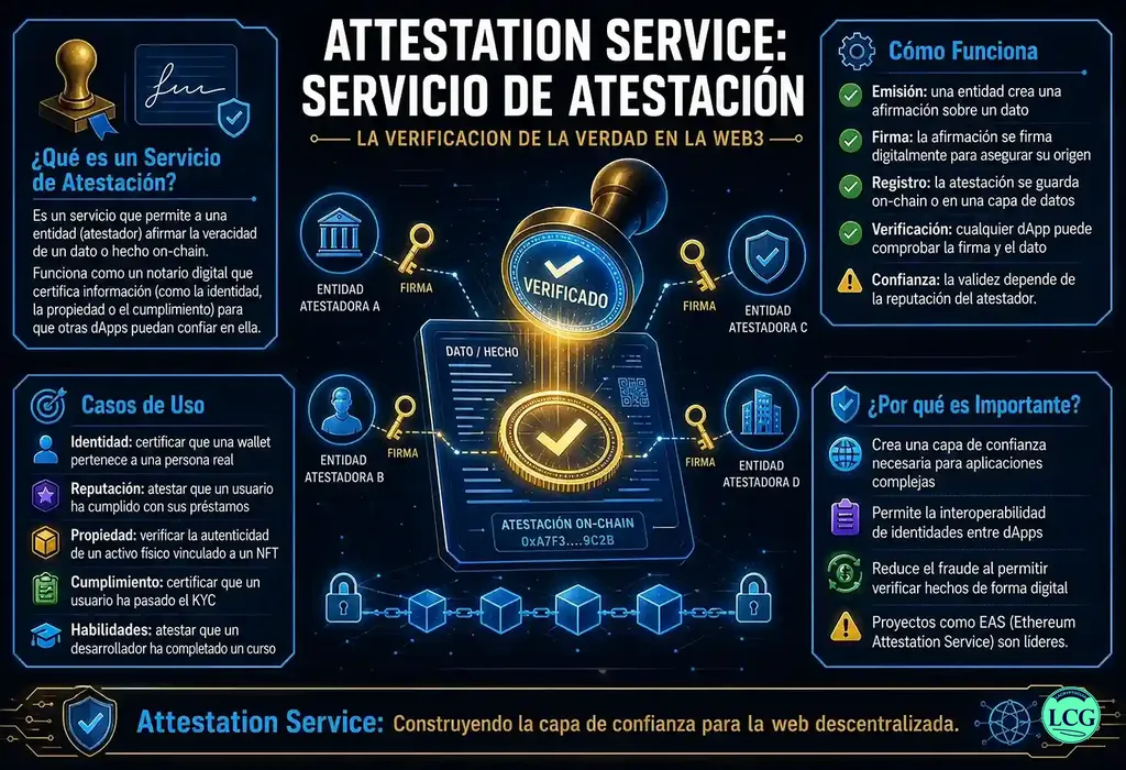Infograf&iacute;a explicativa sobre Attestation Service en blockchain y crypto