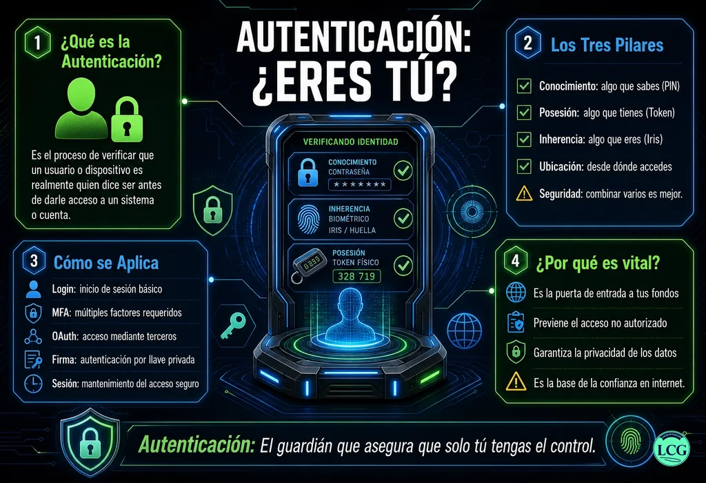 Infograf&iacute;a explicativa sobre Authentication en blockchain y crypto
