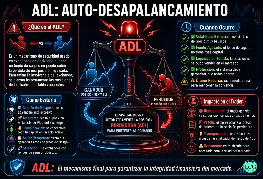Infograf&iacute;a explicativa sobre Auto Deleveraging (Adl) en blockchain y crypto