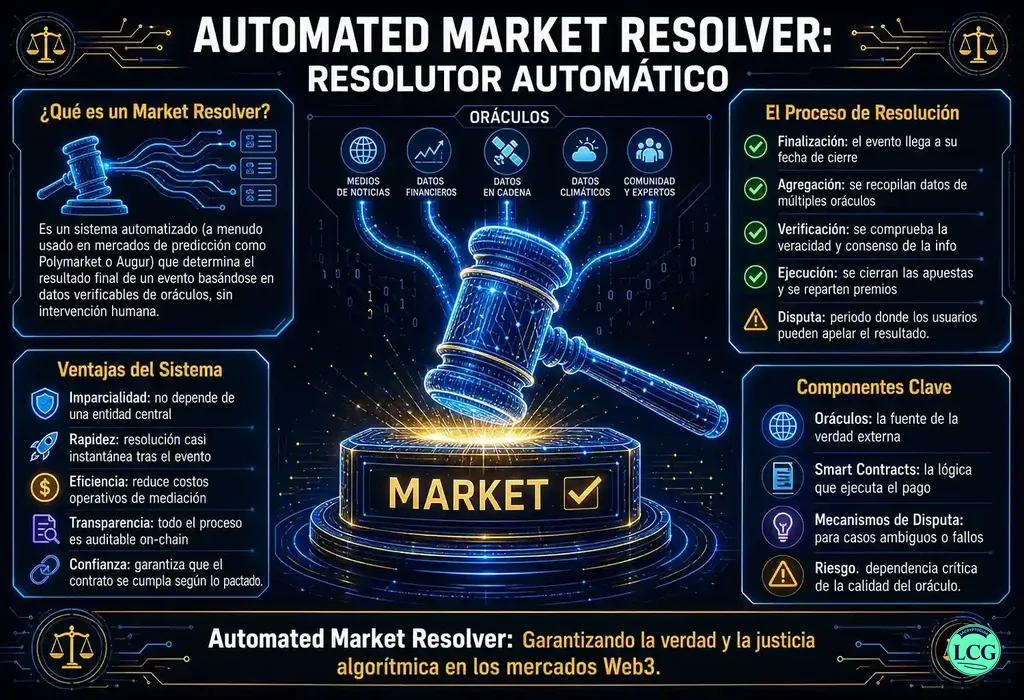 Infograf&iacute;a explicativa sobre Automated Market Resolver en blockchain y crypto