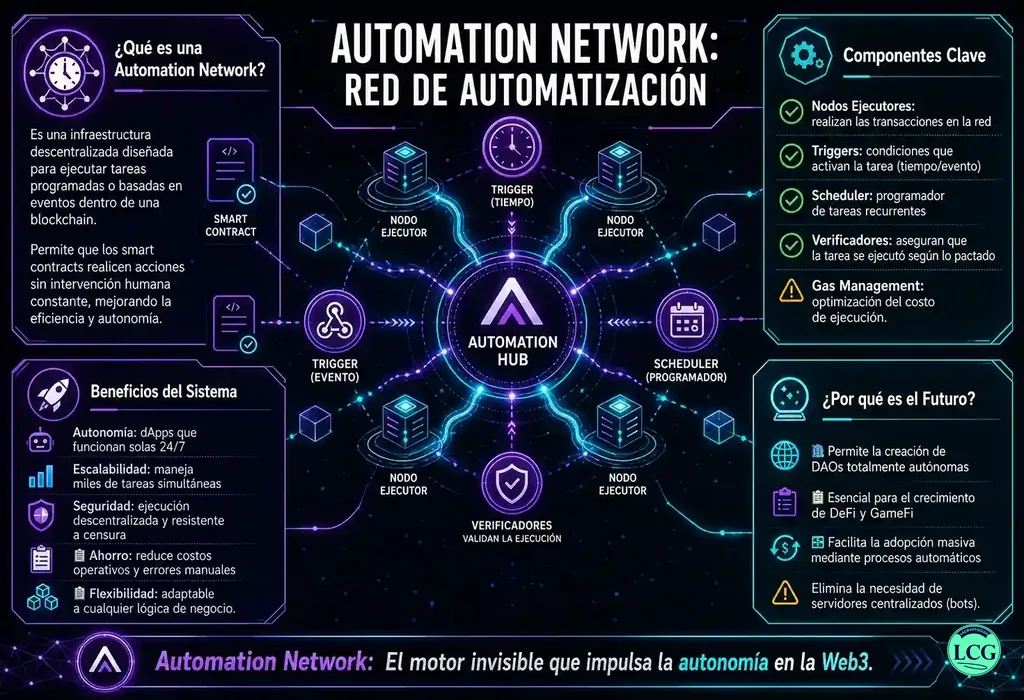 Infograf&iacute;a explicativa sobre Automation Network en blockchain y crypto