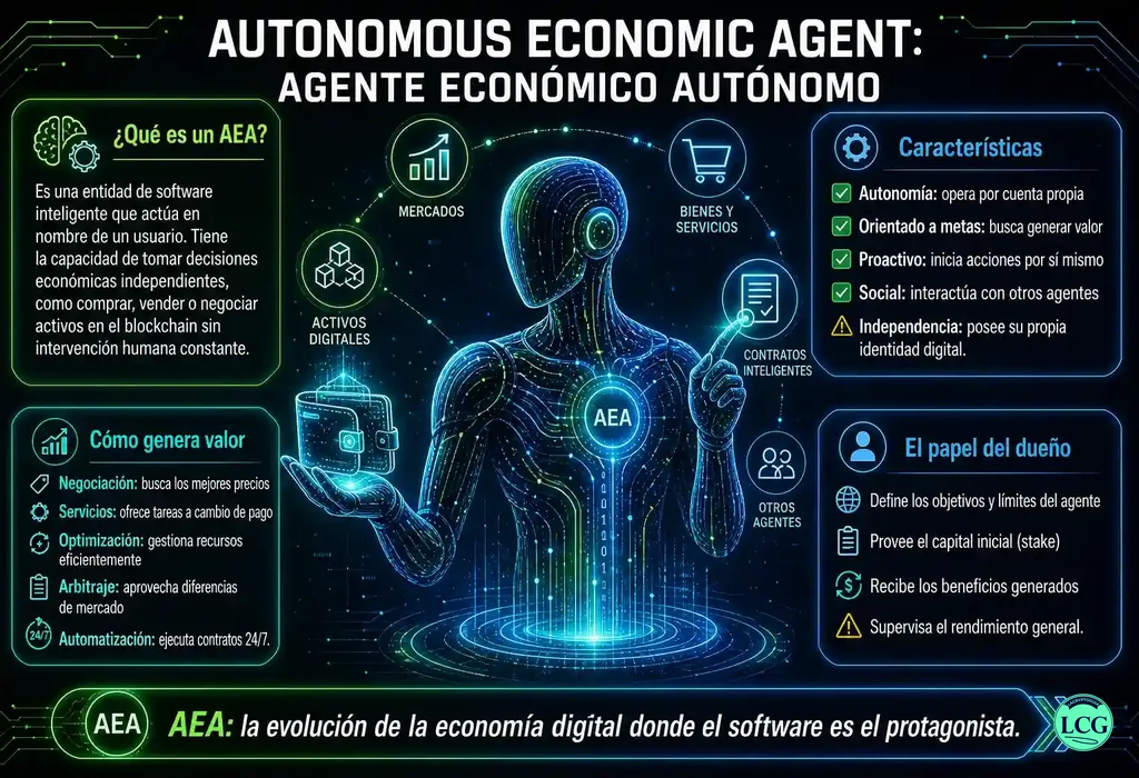 Infograf&iacute;a explicativa sobre Autonomous Economic Agent en blockchain y crypto