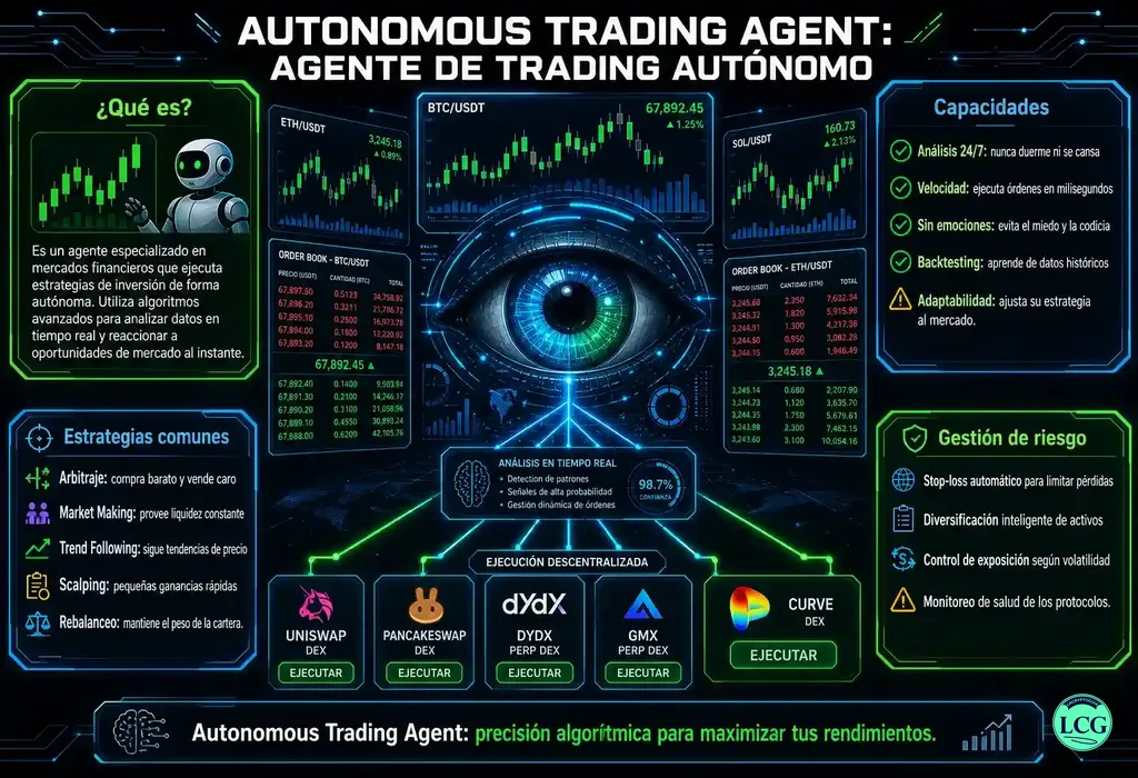 Infograf&iacute;a explicativa sobre Autonomous Trading Agent en blockchain y crypto