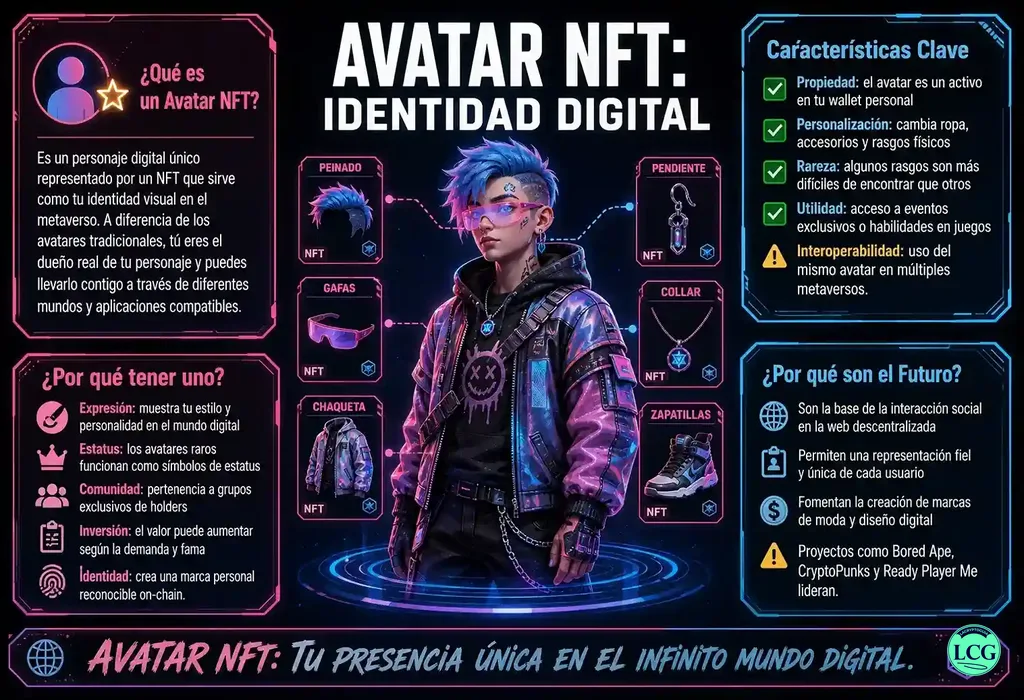 Infografía explicativa sobre Avatar Nft en blockchain y crypto