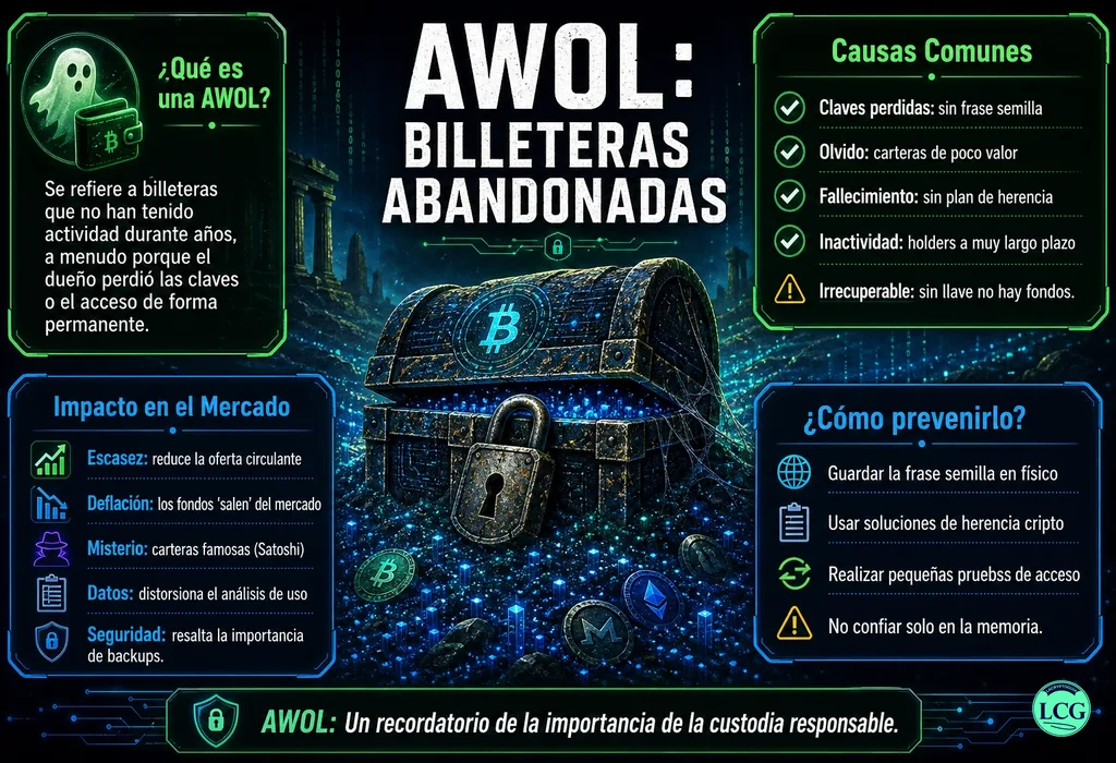 Infograf&iacute;a explicativa sobre Awol Abandoned Wallet en blockchain y crypto