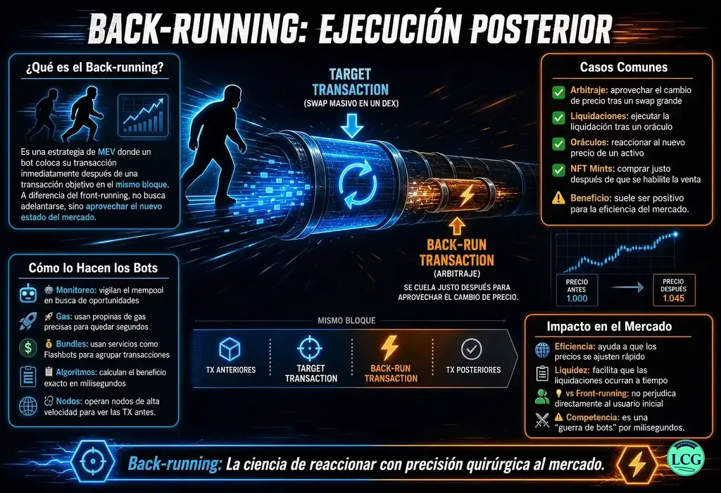 Infograf&iacute;a explicativa sobre Back Running en blockchain y crypto
