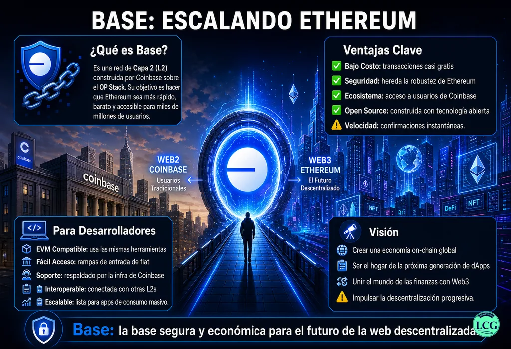 Infograf&iacute;a explicativa sobre Base (Layer 2 De Coinbase) en blockchain y crypto