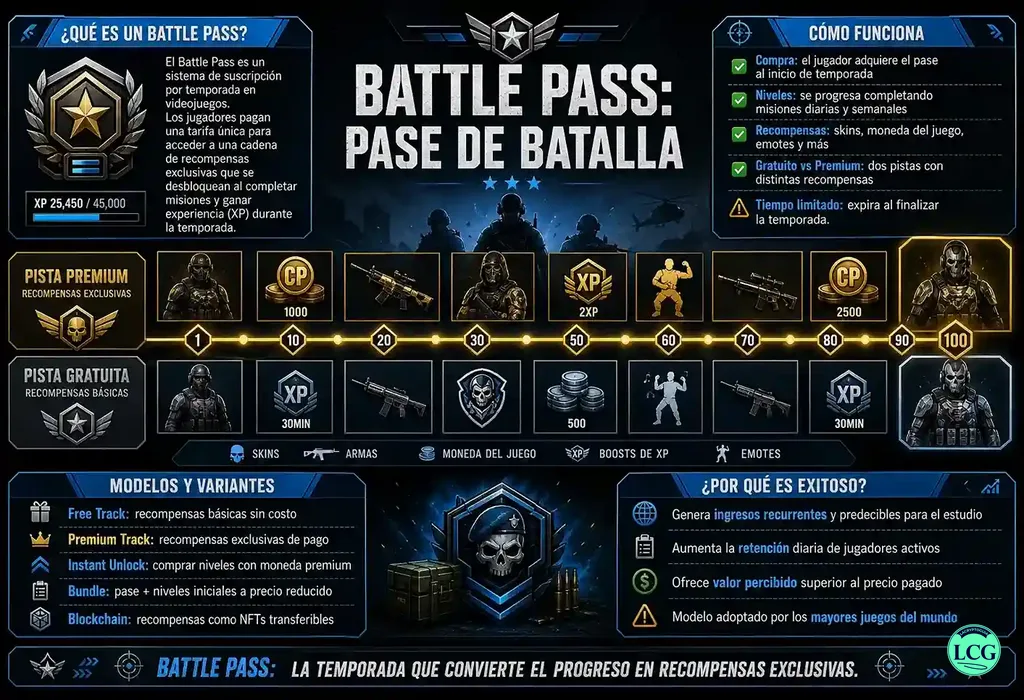 Infografía explicativa sobre Battle Pass en blockchain y crypto