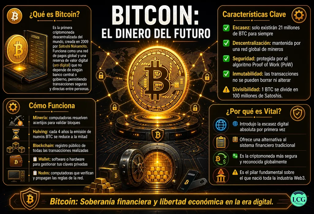 Infograf&iacute;a explicativa sobre Bitcoin Btc en blockchain y crypto