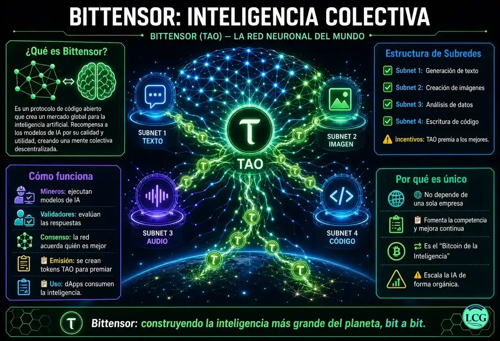 Infograf&iacute;a explicativa sobre Bittensor (Tao) en blockchain y crypto