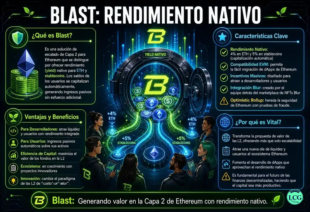 Infograf&iacute;a explicativa sobre Blast en blockchain y crypto
