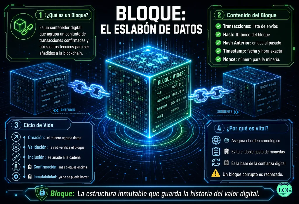 Infograf&iacute;a explicativa sobre Block en blockchain y crypto