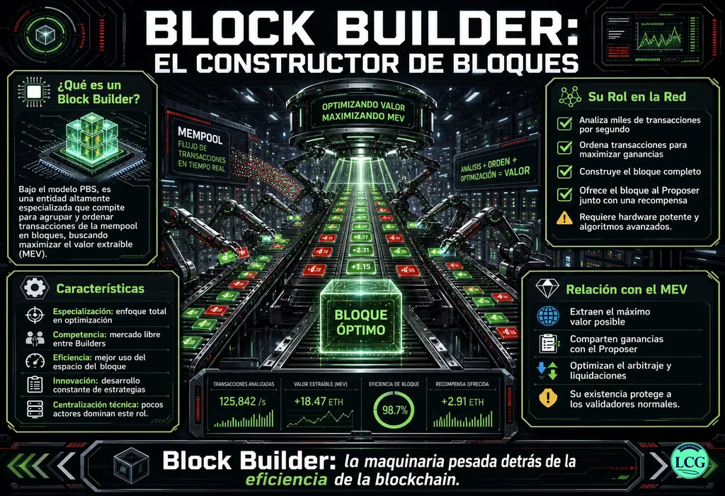 Infograf&iacute;a explicativa sobre Block Builder en blockchain y crypto