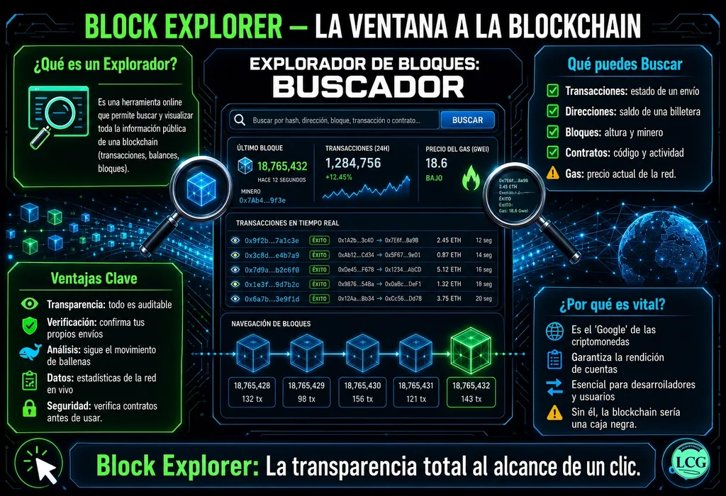 Infograf&iacute;a explicativa sobre Block Explorer en blockchain y crypto
