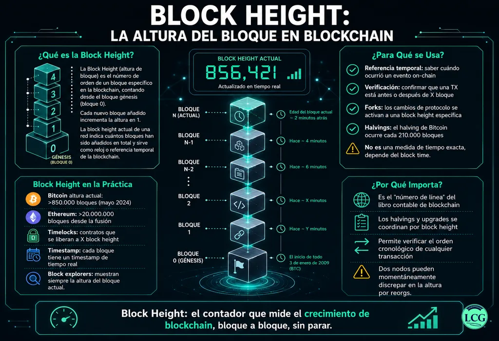 Infograf&iacute;a explicativa sobre Block Height en blockchain y crypto