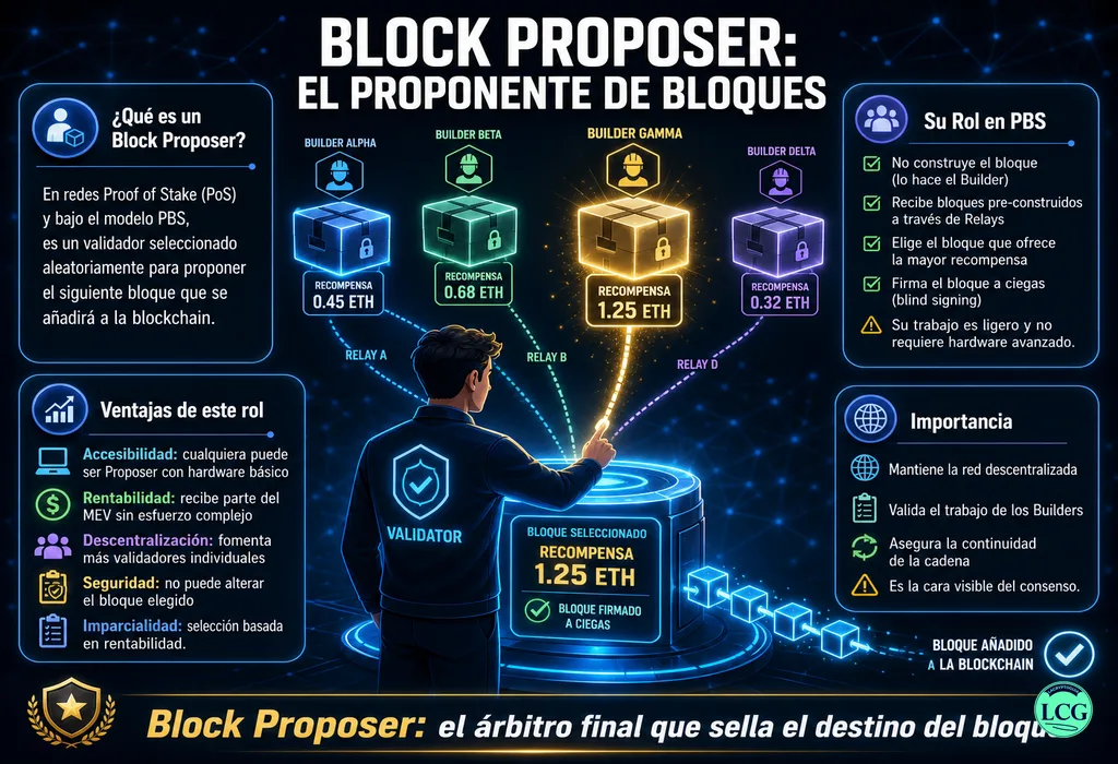 Infograf&iacute;a explicativa sobre Block Proposer en blockchain y crypto