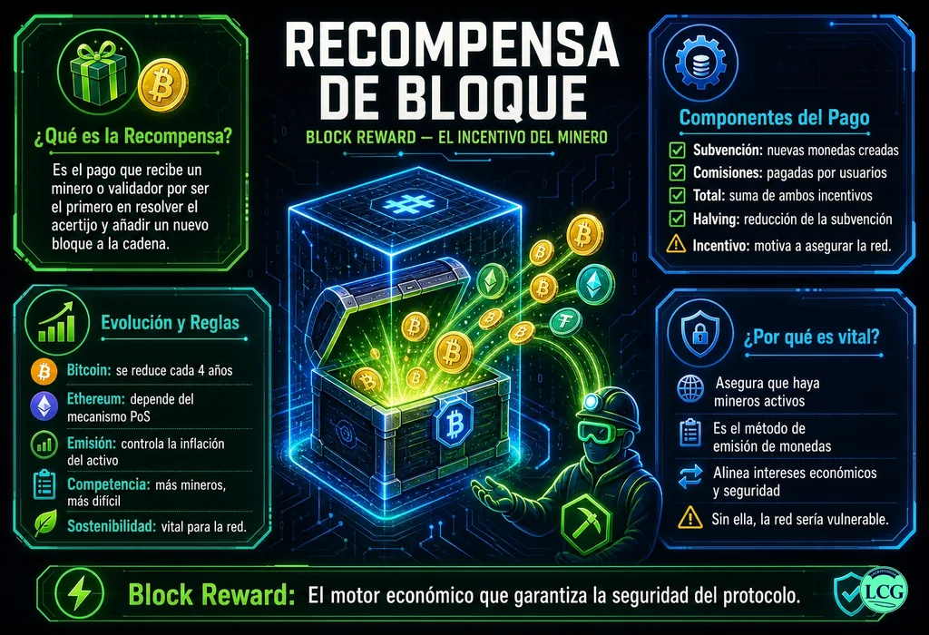 Infograf&iacute;a explicativa sobre Block Reward en blockchain y crypto