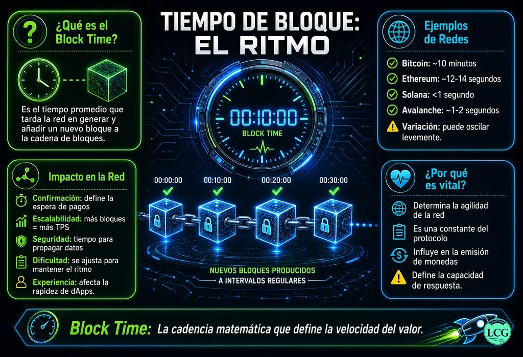 Infograf&iacute;a explicativa sobre Block Time en blockchain y crypto